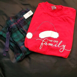 NWT  Pj's Unisex - Old Navy Flannel Bottoms Custom made T shirt "We Are Family "